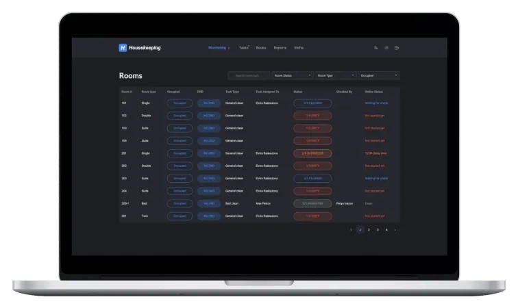 Housekeeping App web dashboard showing room status and task assignments