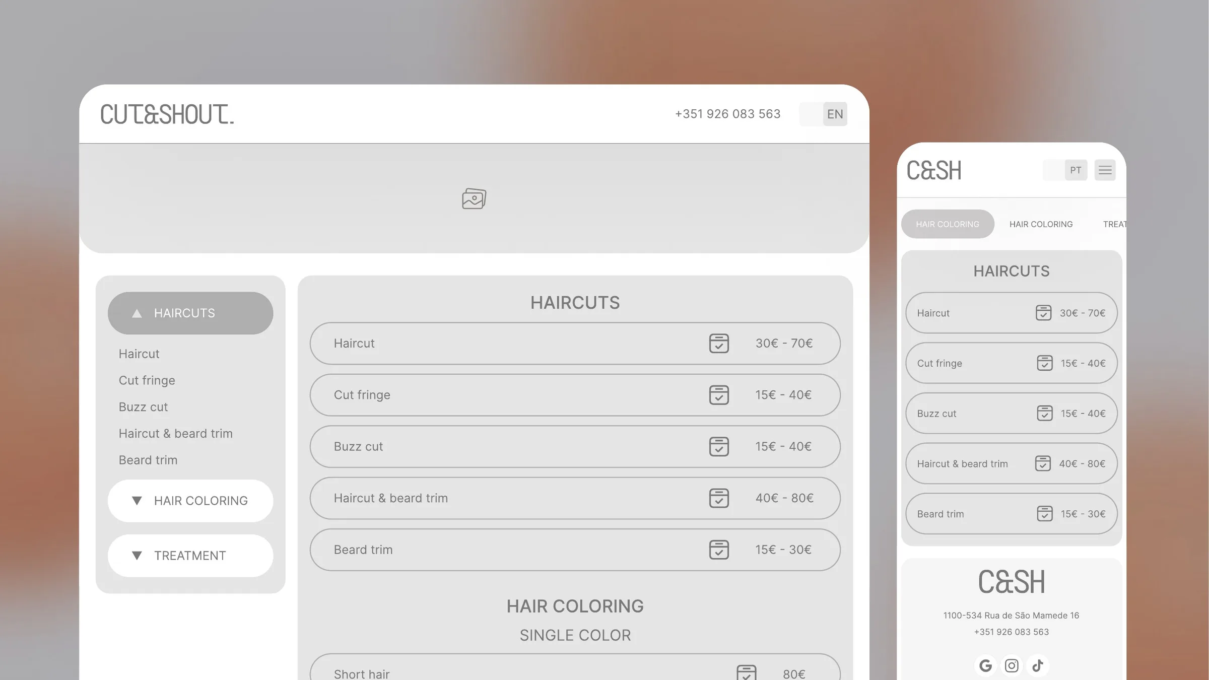 Wireframe of the price list page
