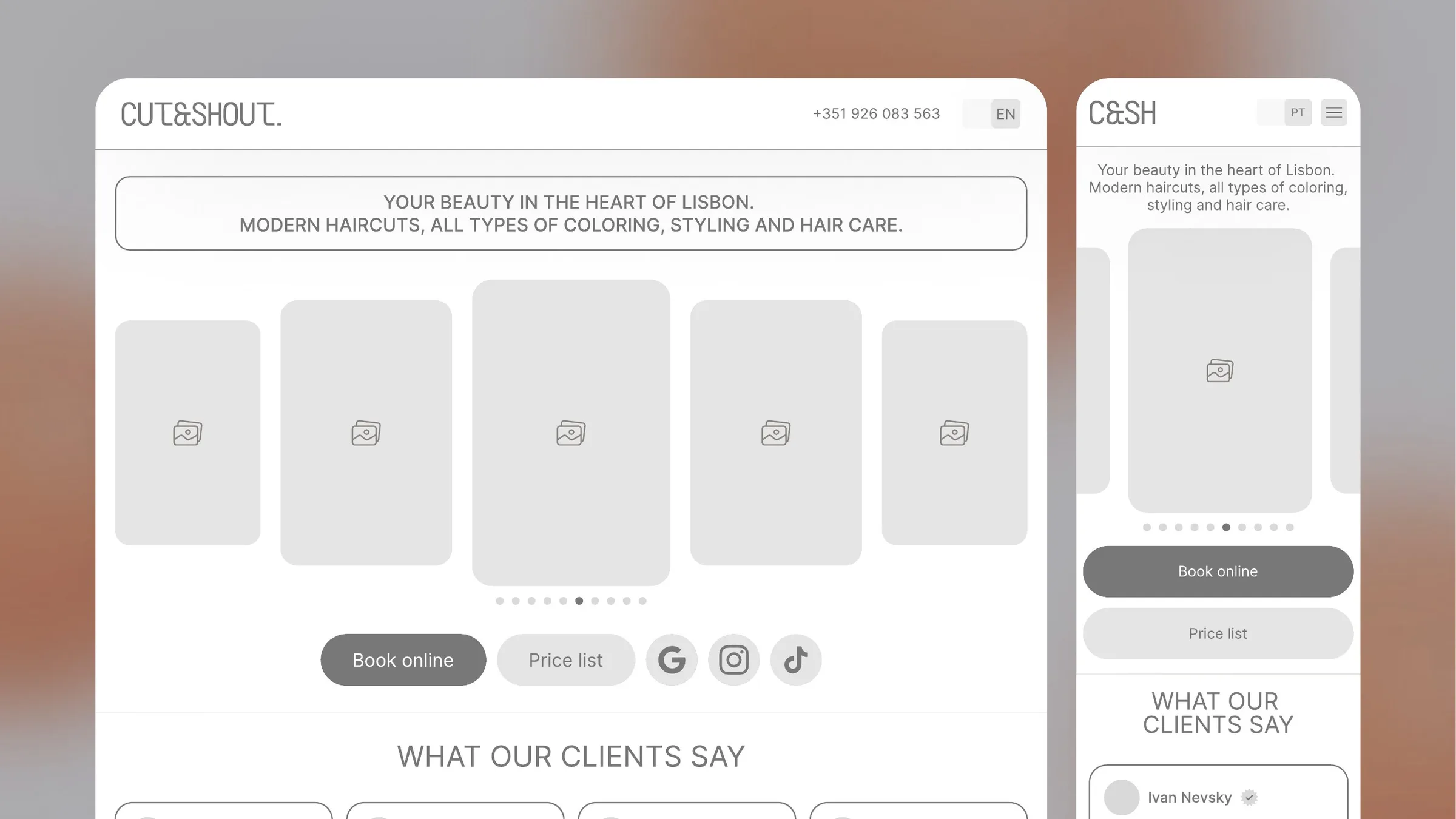 Cut & Shout website wireframe in Figma, desktop and mobile