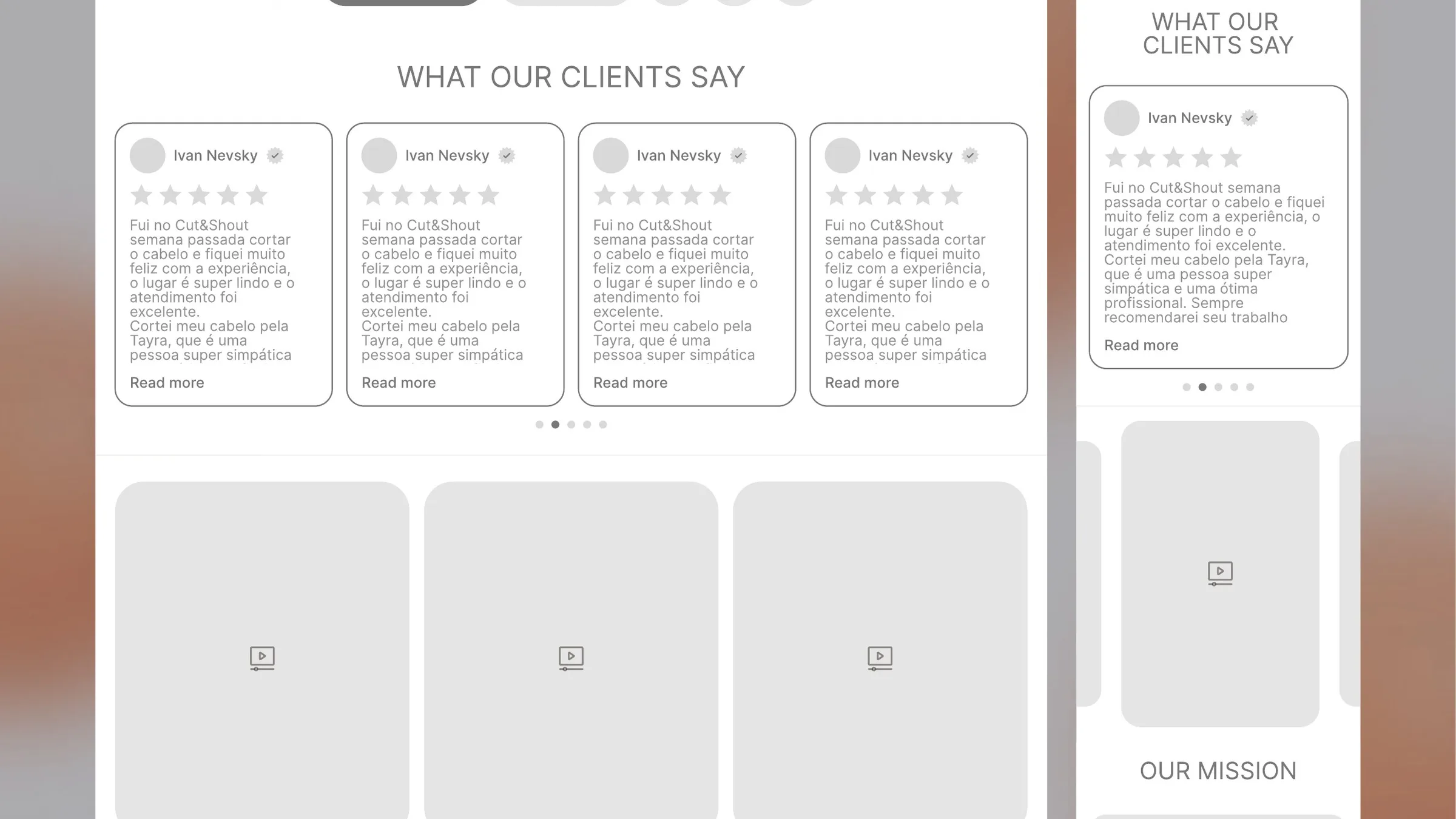 Wireframe of the reviews, map and contact blocks